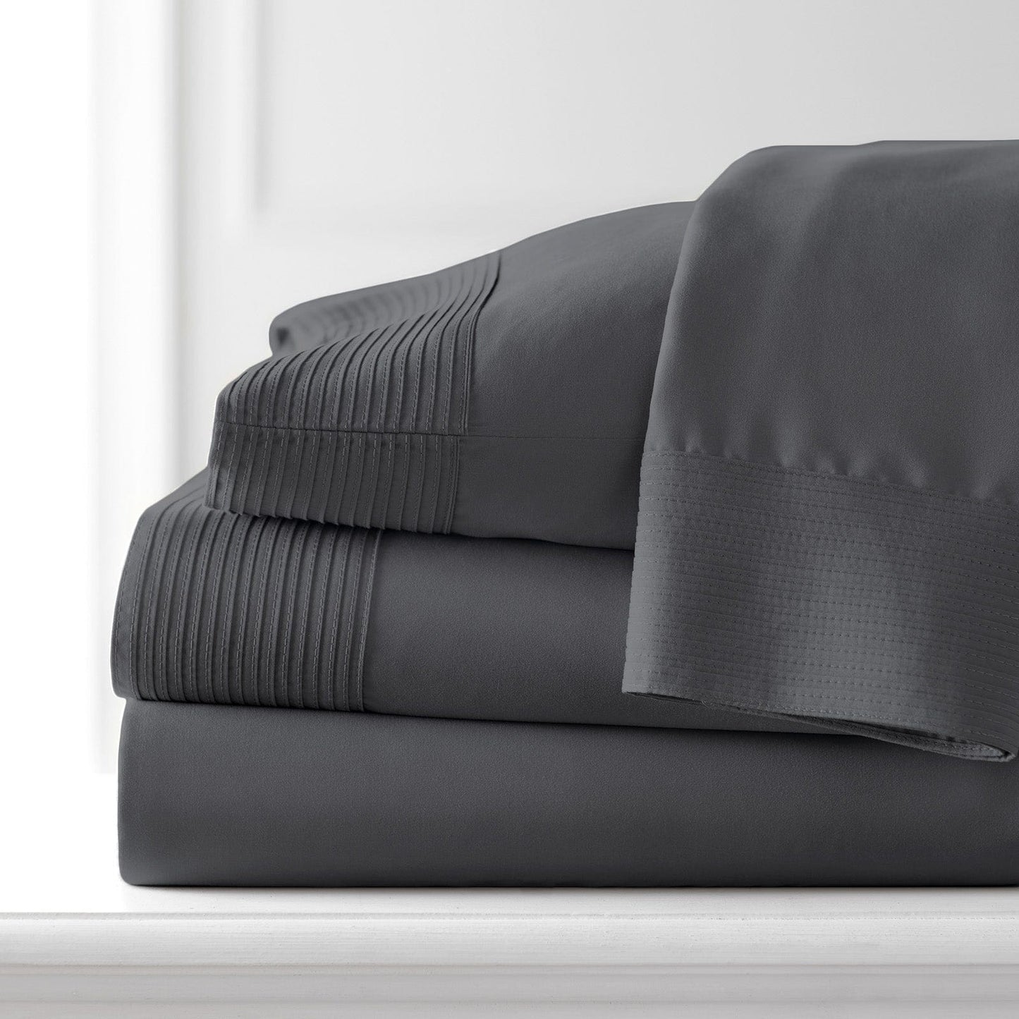 Pintuck Luxe Microfiber 4 Piece Sheet Set, Slate