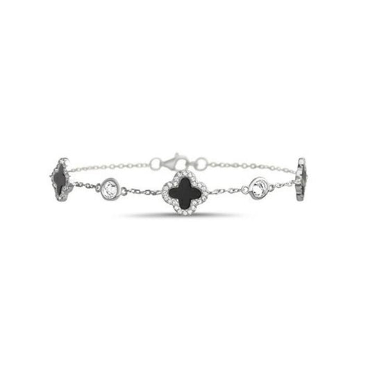 Sterling Silver Onyx CZ Clover Bracelet